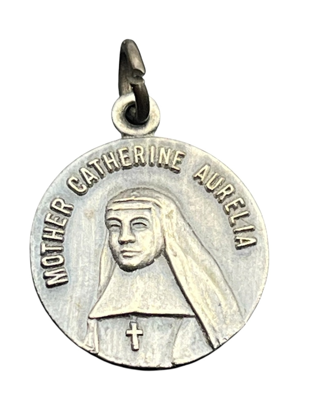 Catholic Mother Catherine Aurelia silver tone round medal w relic pendant